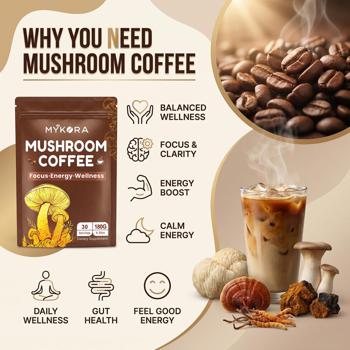 Café aux Champignons NOVYTHEN sur une table avec des tasses