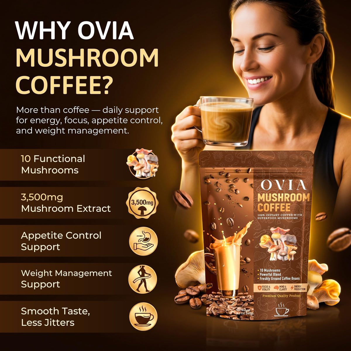 Café aux Champignons OVIA 10, mélange dans un bol