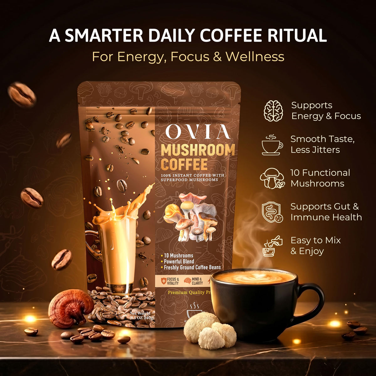 Café aux Champignons OVIA 10, tasse de café avec champignons