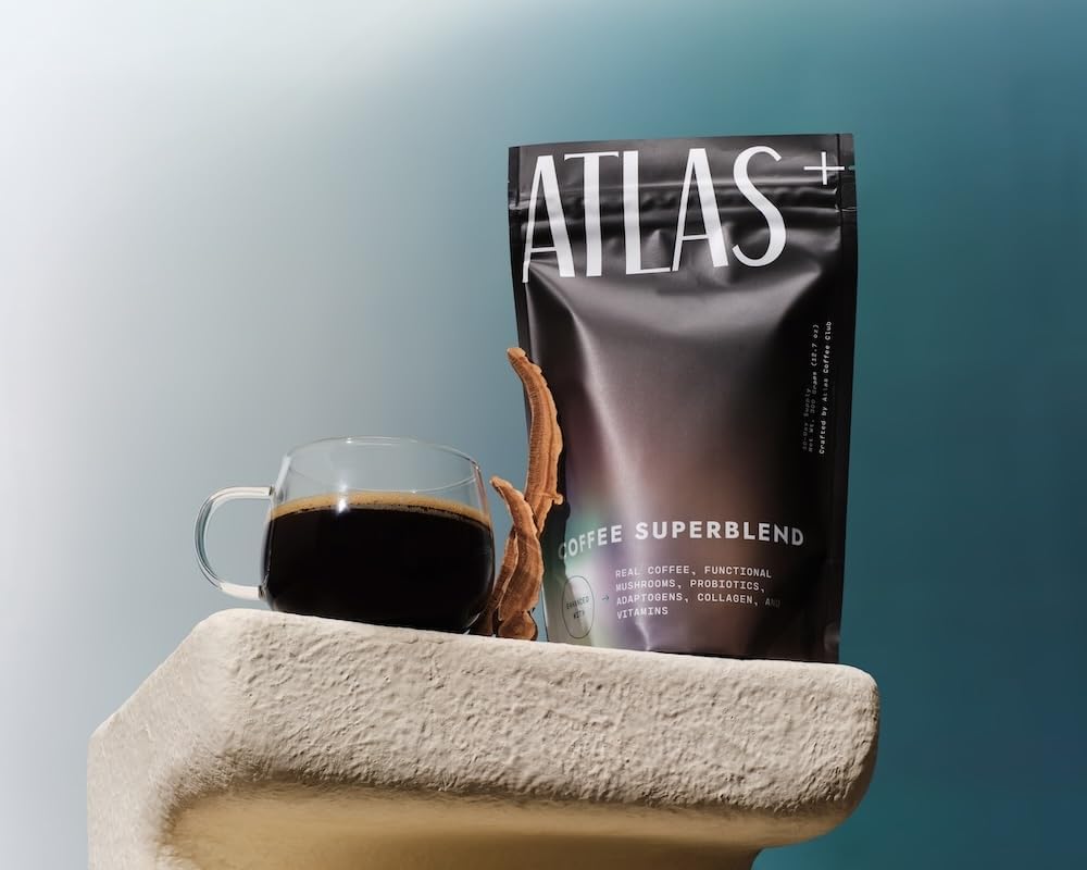 Café aux Champignons Superblend Atlas avec une tasse de café