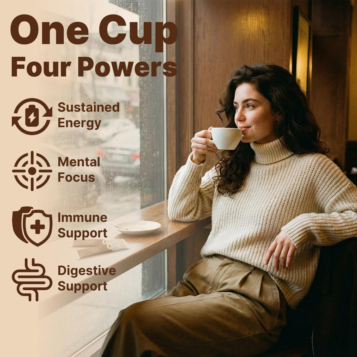 Café aux champignons TerraPrecis à côté d'un ordinateur