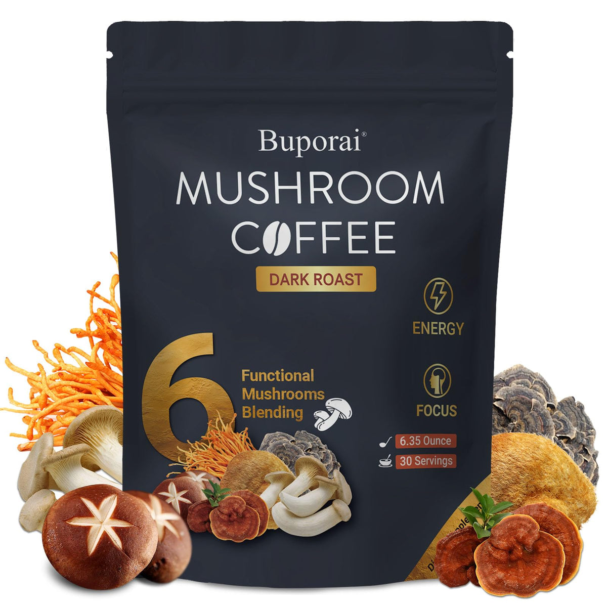 Café aux Champignons Torréfié Foncé Buporai 191g vue avant avec emballage
