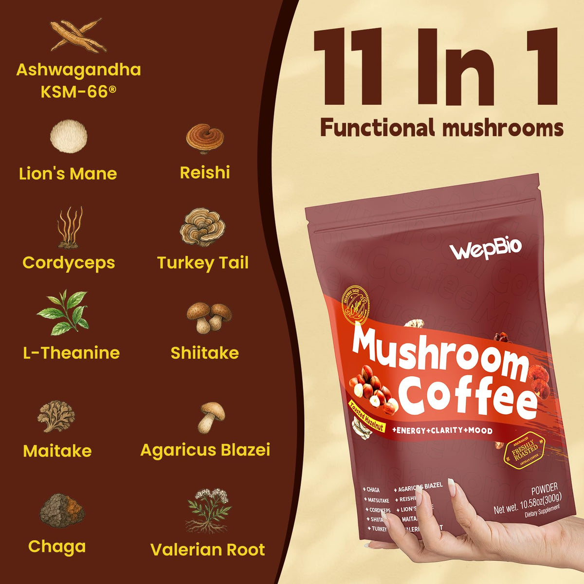 Café aux champignons WepBio sachets noisette avec ingrédients