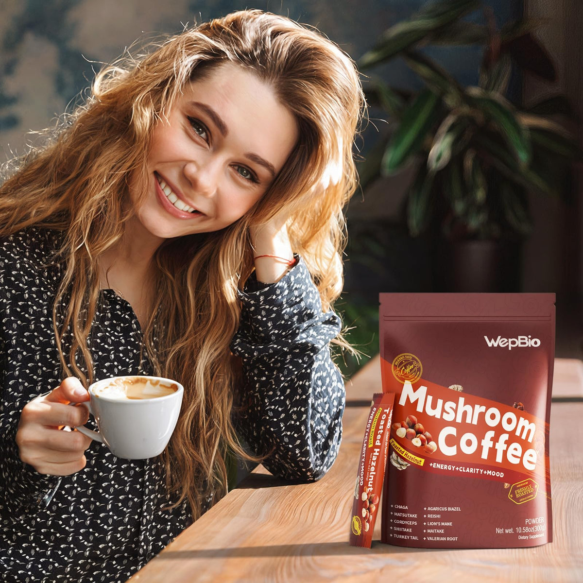 Café aux champignons WepBio sachets noisette dans un bol