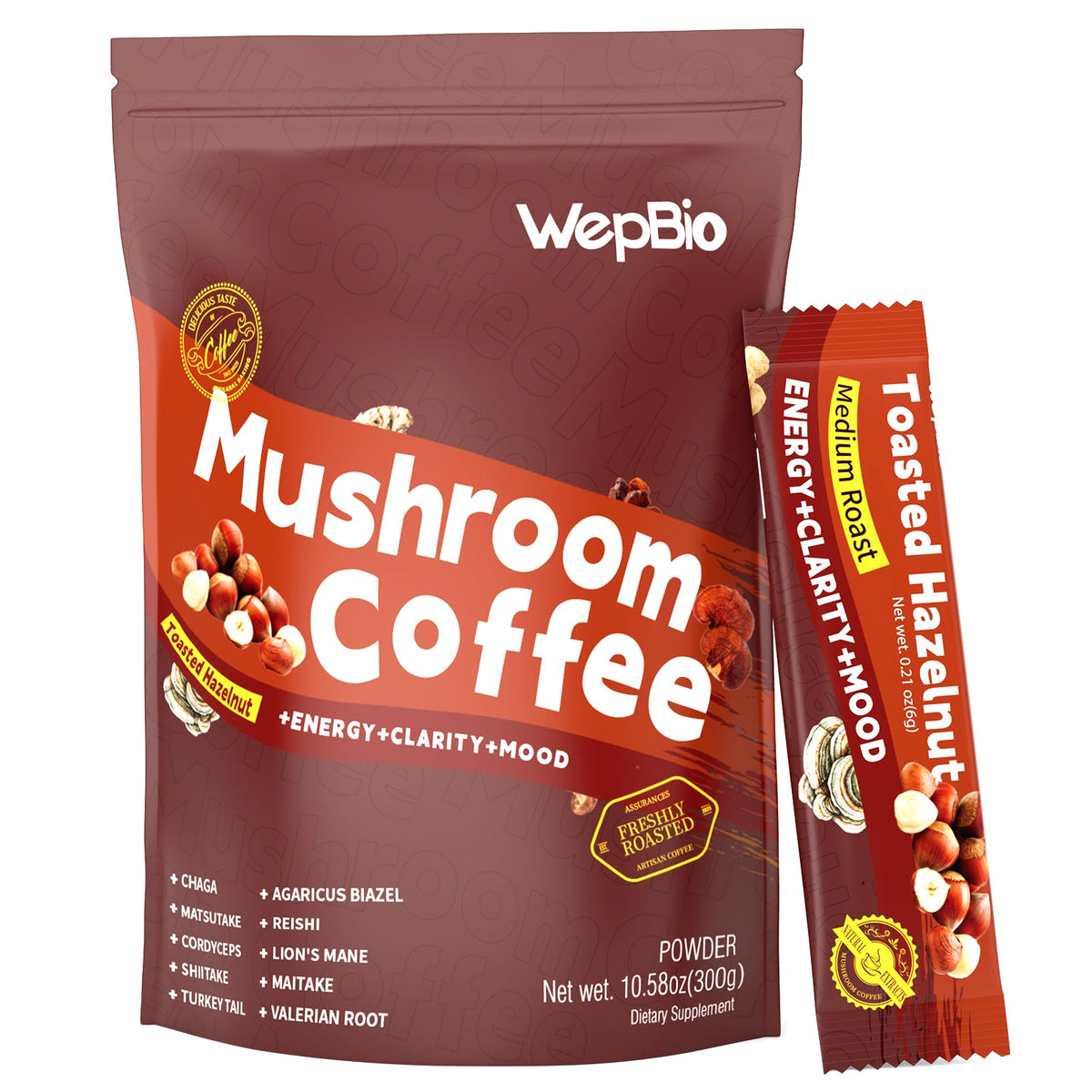 Café aux champignons WepBio sachets noisette vue de face