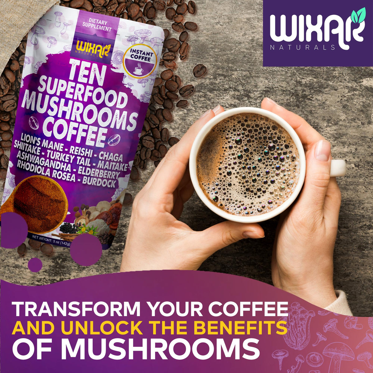Café aux champignons WIXAR NATURALS en poudre dans une cuillère