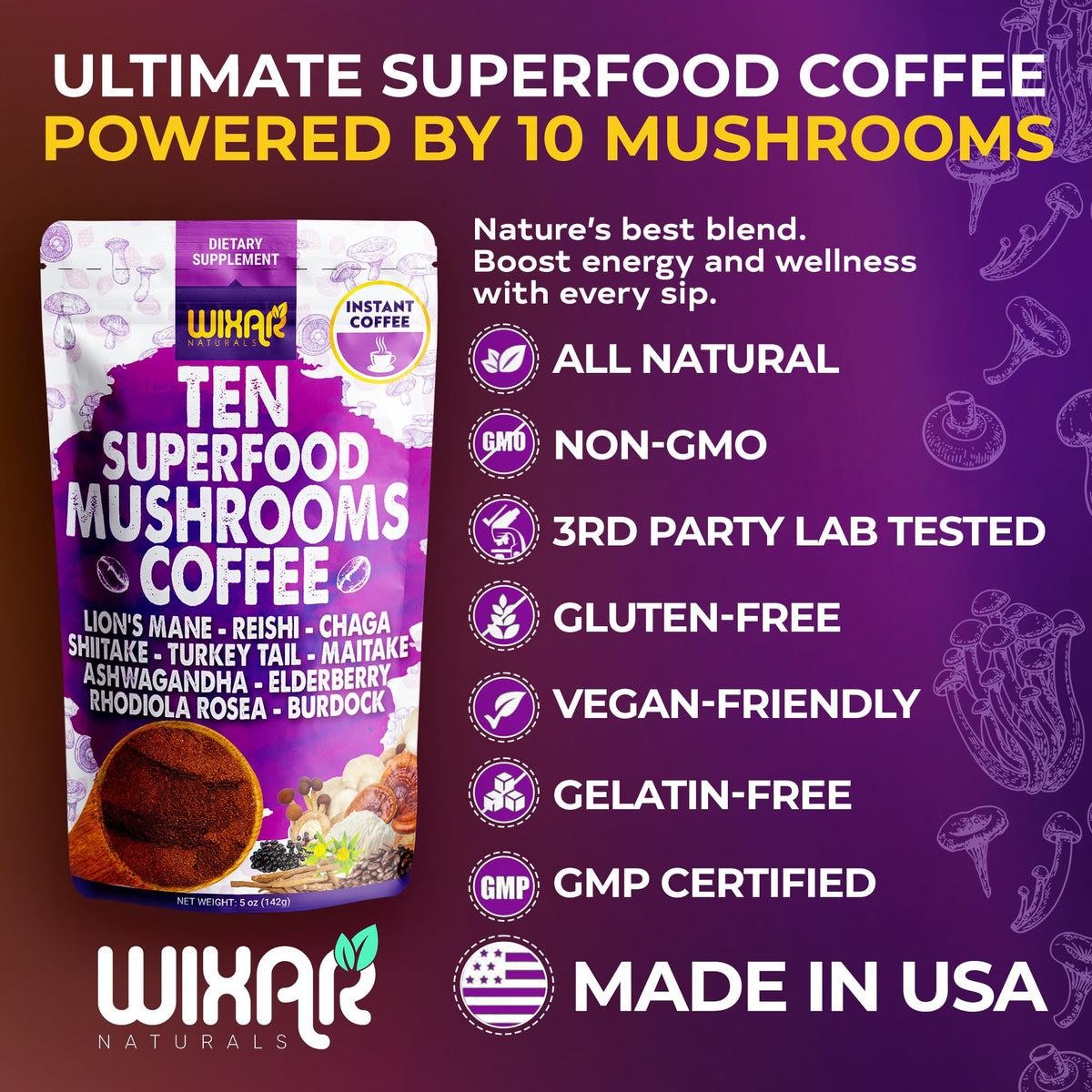 Café aux champignons WIXAR NATURALS préparé dans une tasse
