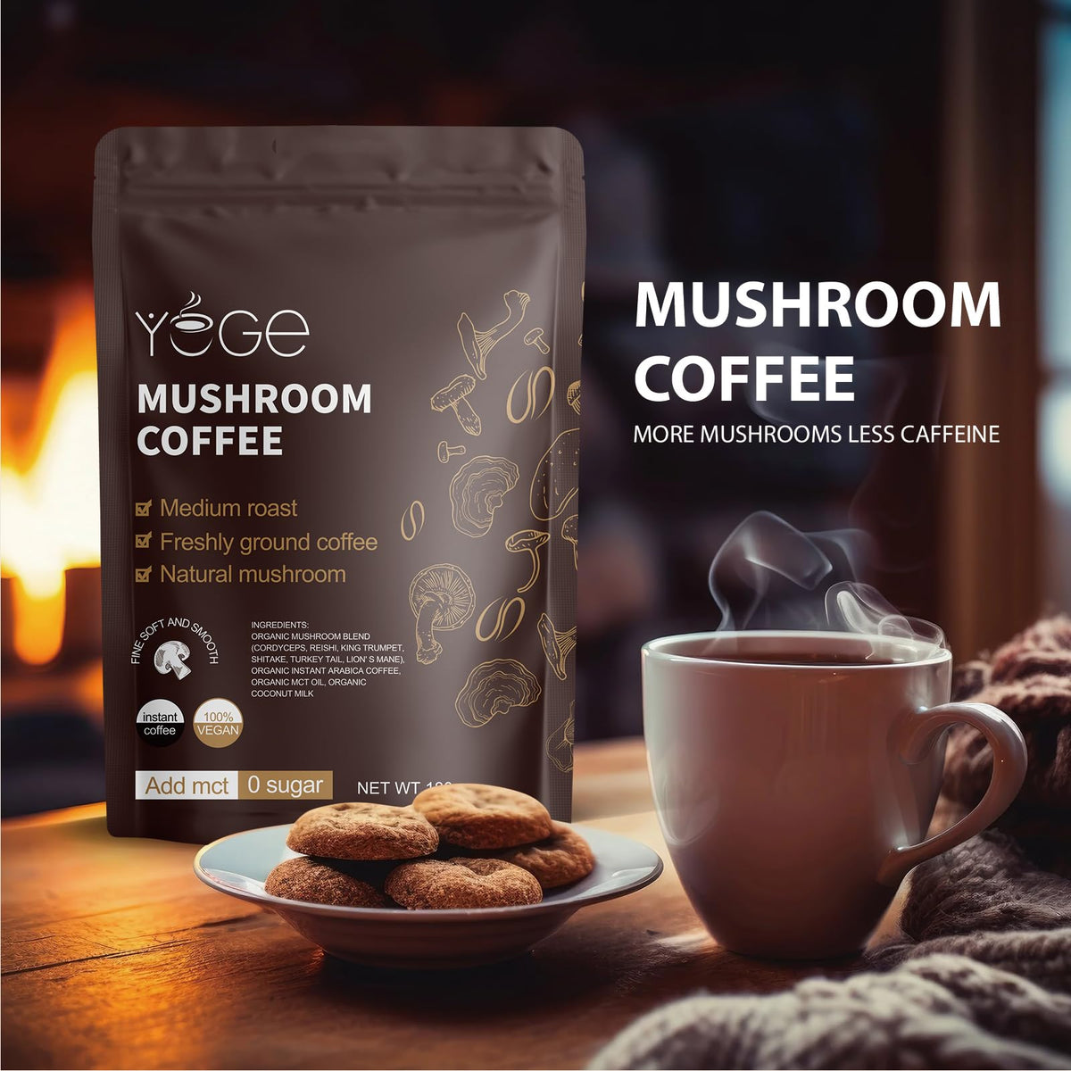 Café aux champignons YEGE avec des grains de café Arabica