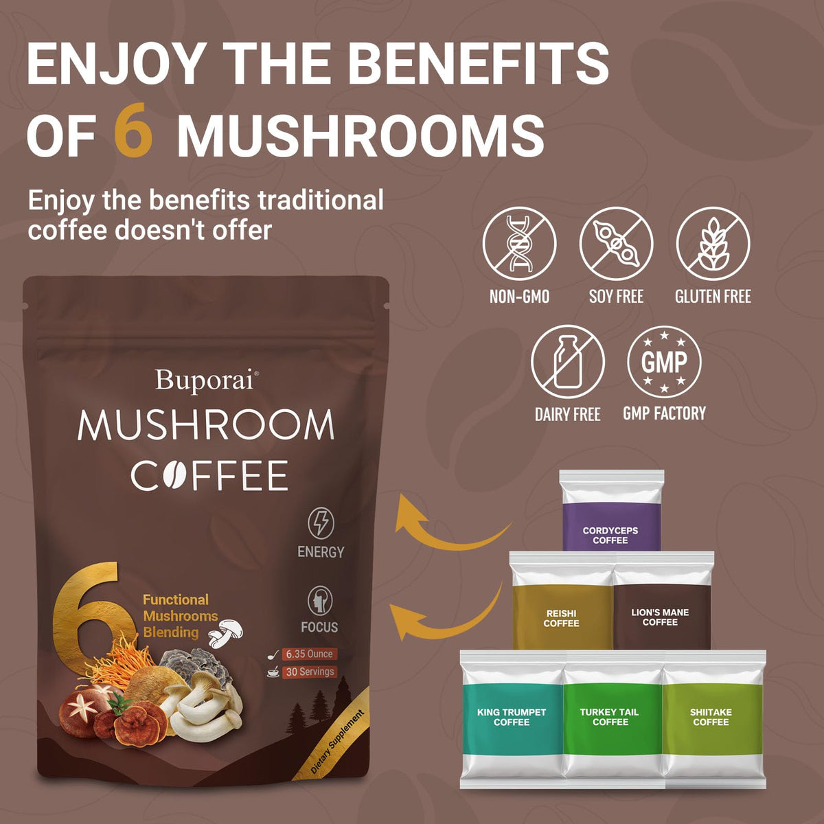 Café Buporai aux champignons avec cuillère et eau chaude