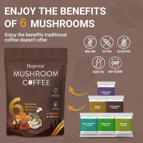 Café Buporai aux champignons avec cuillère et eau chaude