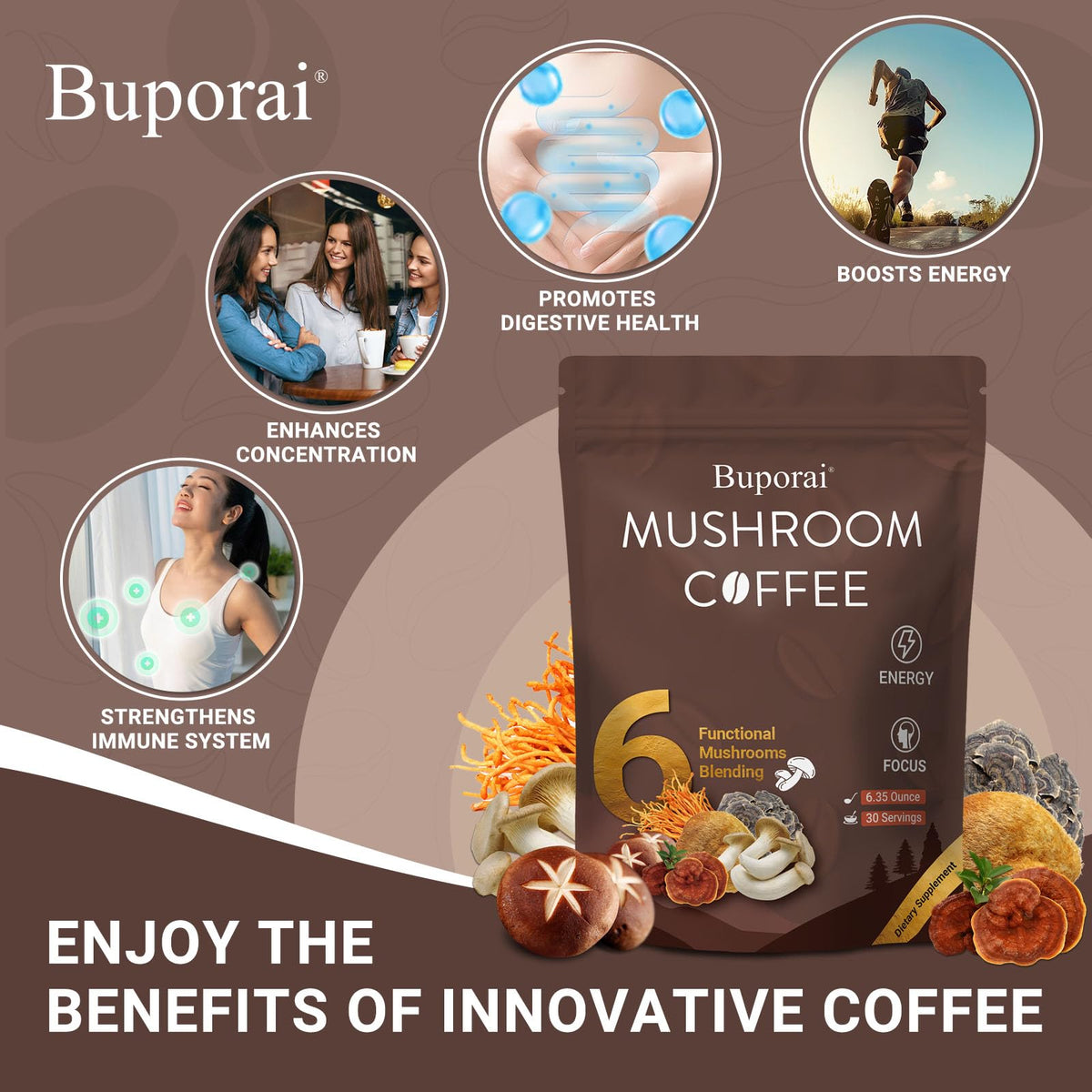 Café Buporai versé dans une tasse avec des champignons à côté