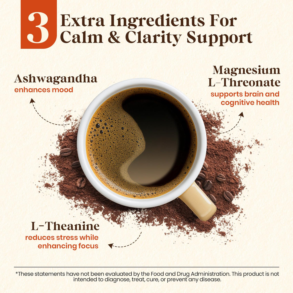Café Champignon Fidus 16 en 1 versé dans une tasse avec des grains de café