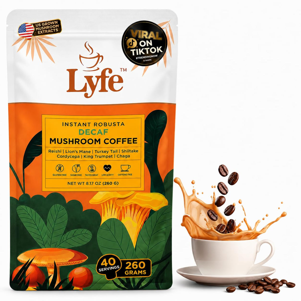 Café Champignon Instantané Décaféiné LYFE en paquet avant