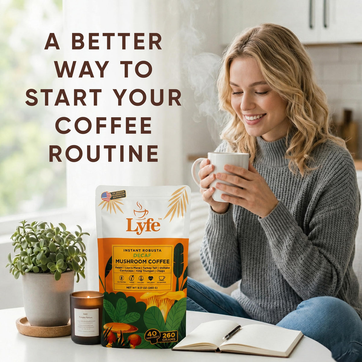 Café Champignon LYFE avec une cuillère dans une tasse