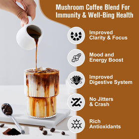 Café de champignon B BEWORTHS en usage avec un blender