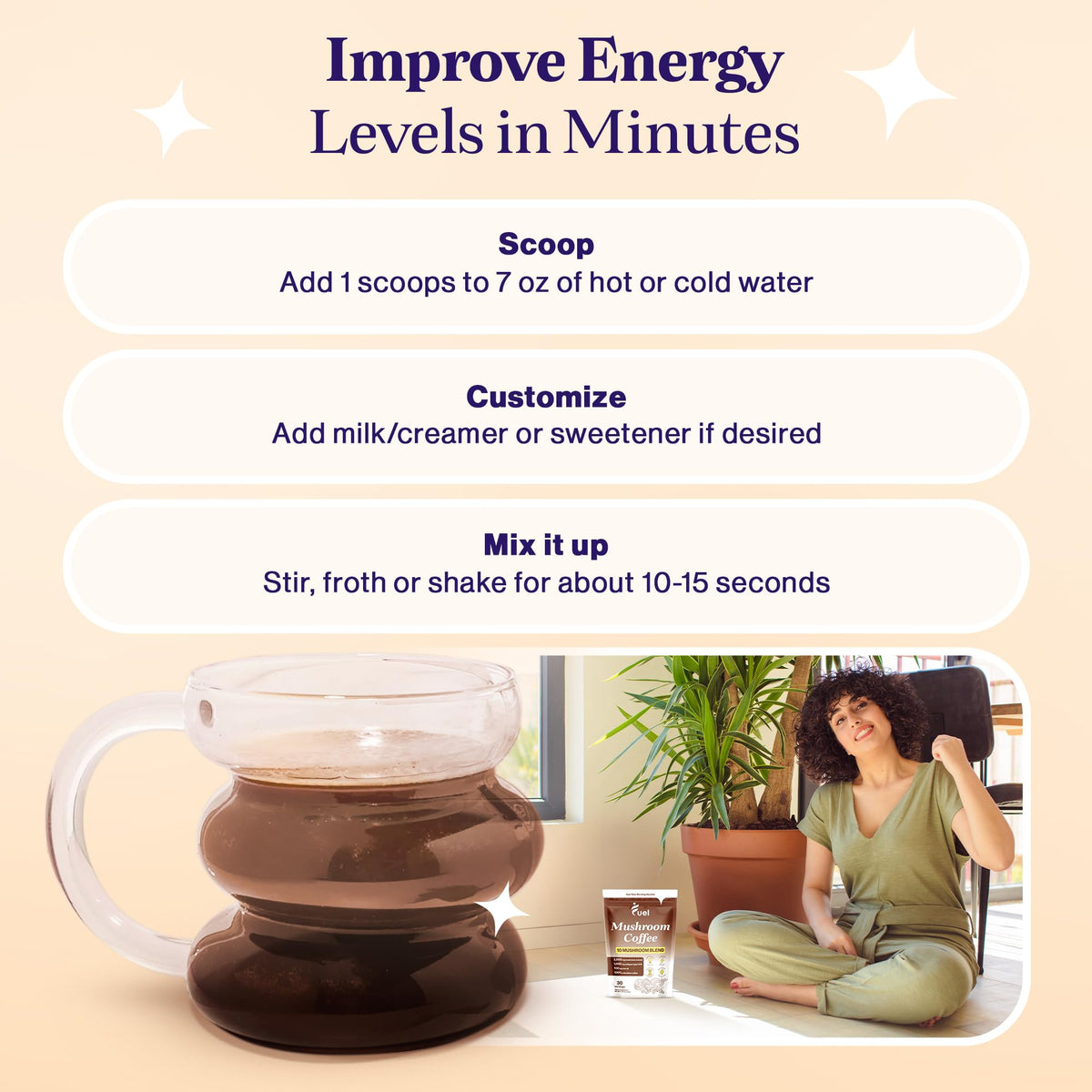 Café de champignons Fuel avec un style de vie actif en arrière-plan