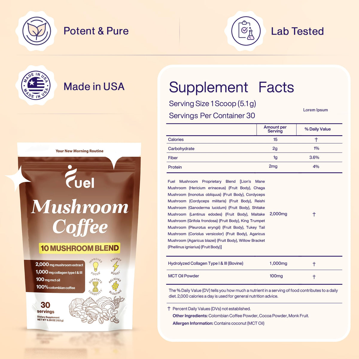 Café de champignons Fuel avec une tasse et des ingrédients organiques