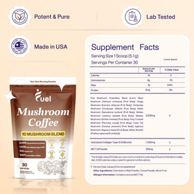 Café de champignons Fuel avec une tasse et des ingrédients organiques