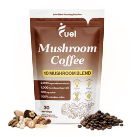 Café de champignons Fuel paquet avant avec informations nutritionnelles