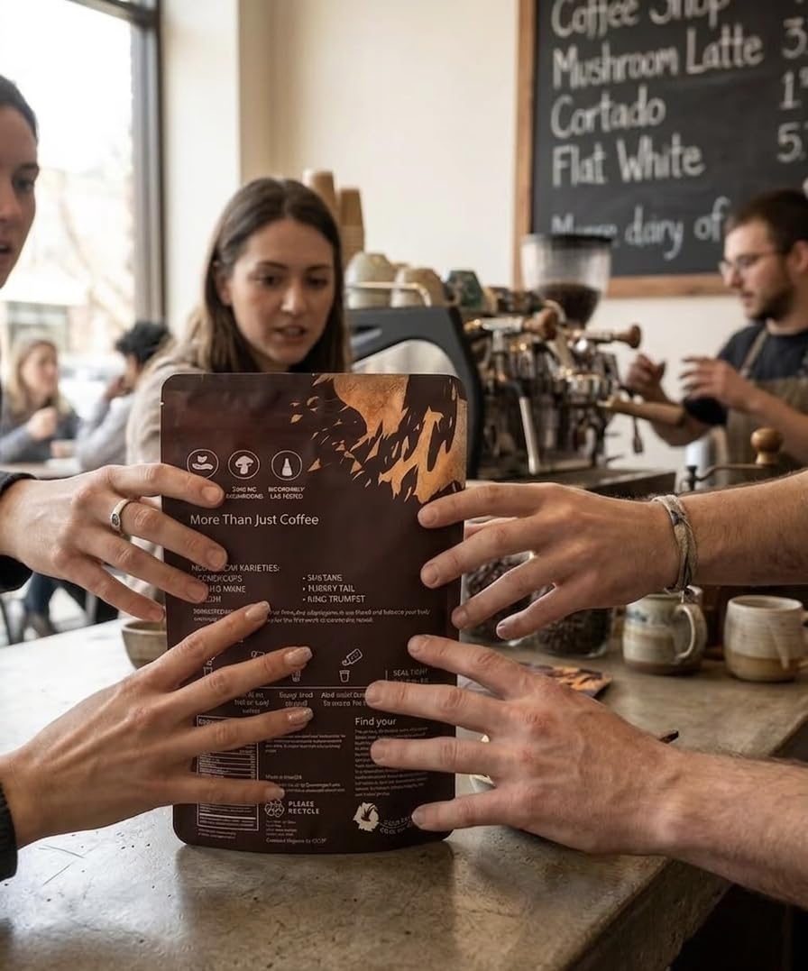 Café de CHATTER PAWS versé dans une tasse, avec des champignons en arrière-plan