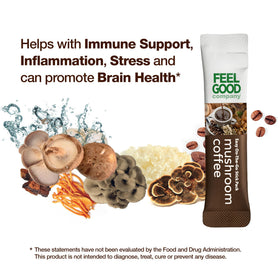Café FEEL GOOD aux champignons sur une table avec une tasse