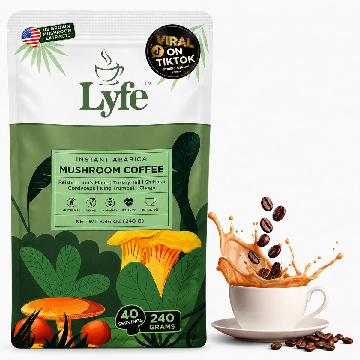 Café instantané aux champignons LYFE 240g vue de face avec emballage