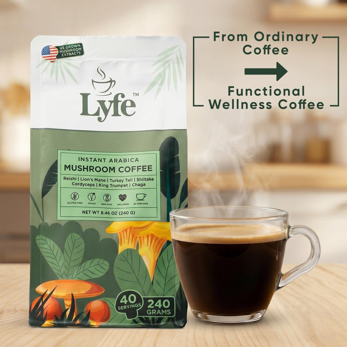 Café instantané aux champignons LYFE dans un environnement de travail