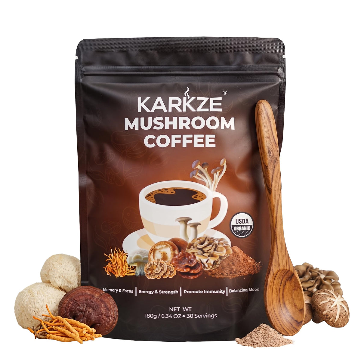 Café instantané karkze aux champignons bio, sachet avant