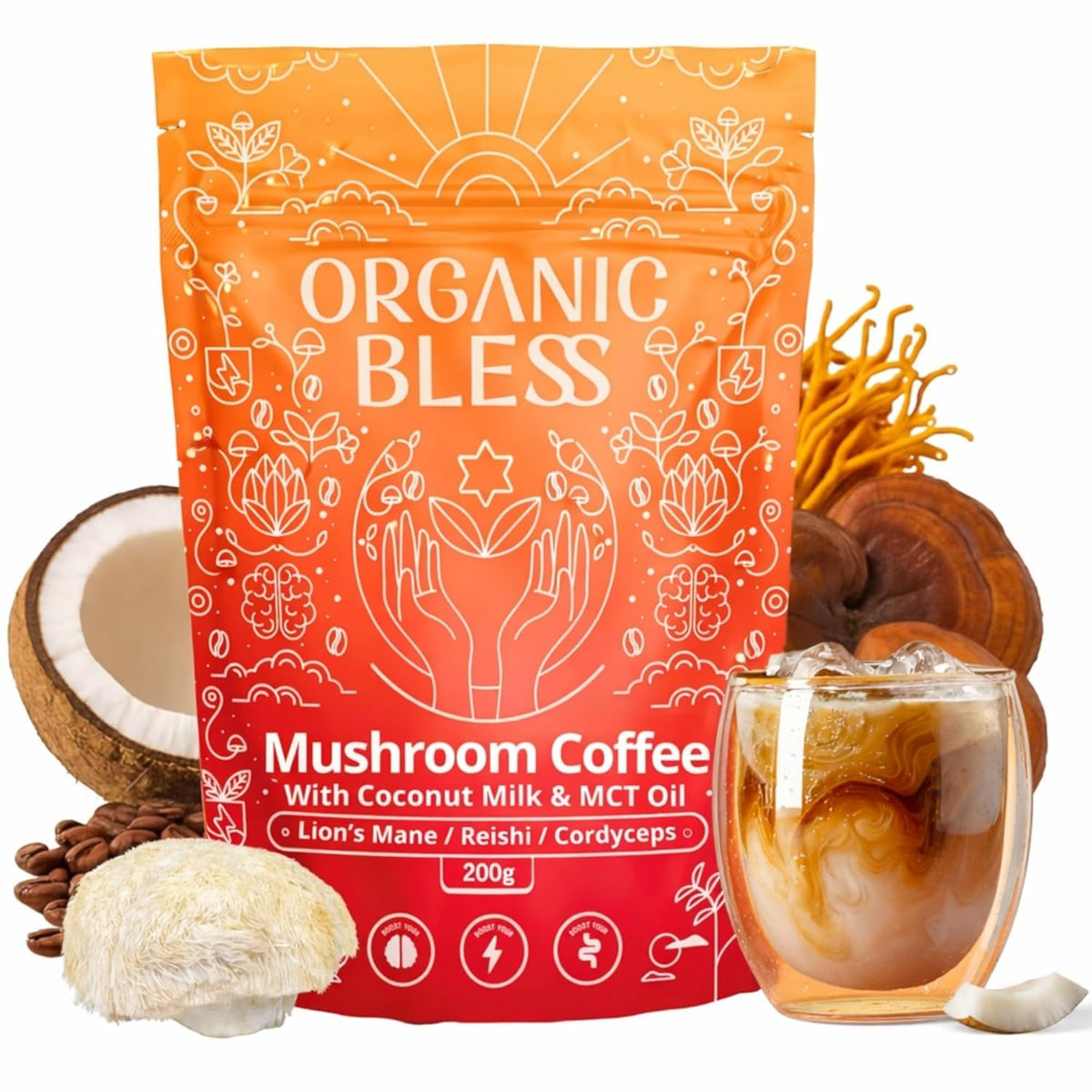 Café instantané Organic Bless, poudre avec champignons, vue de face