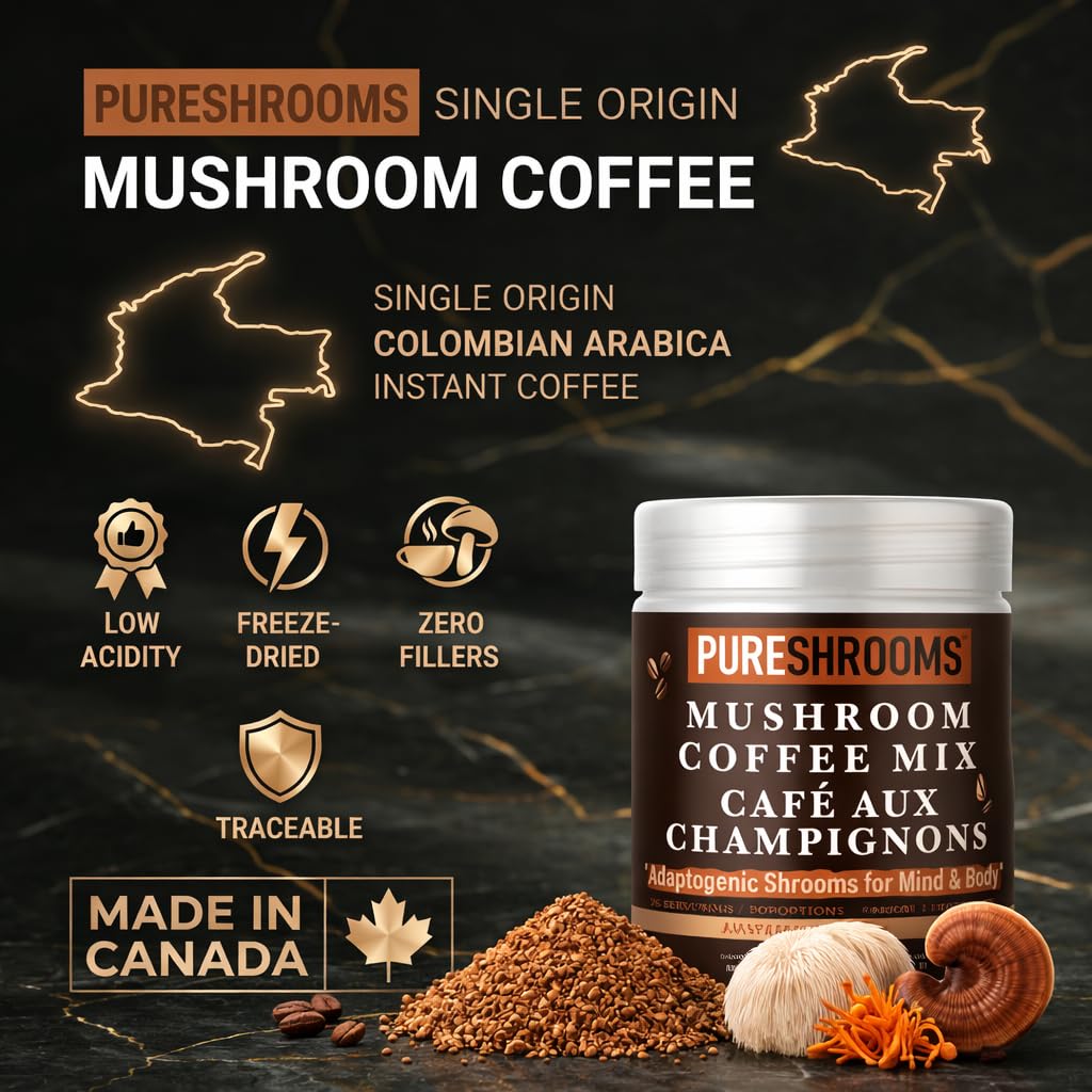 Café Instantané PureShrooms 100g sur une table