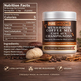 Café Instantané PureShrooms dans une tasse avec des champignons