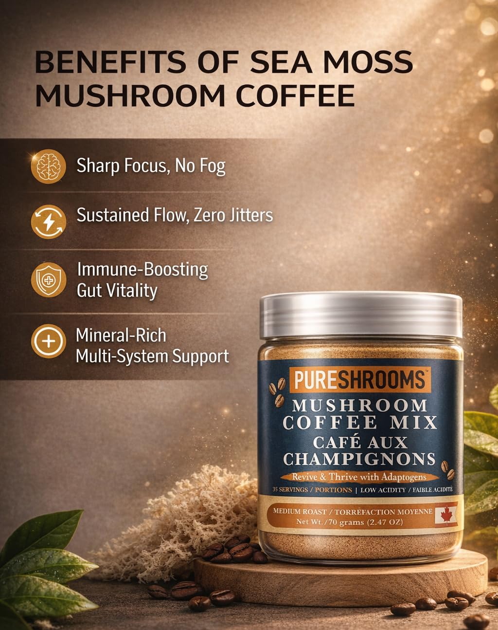 Café Instantané PureShrooms versé dans une tasse