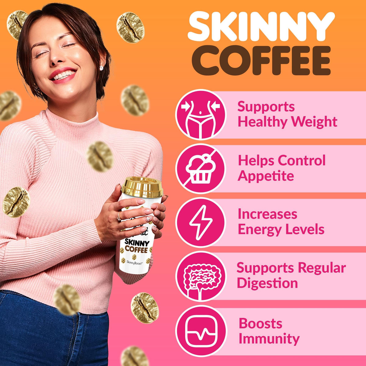 Café Instantané SkinnyBoost Vanille 259g - grains Arabica sur fond blanc