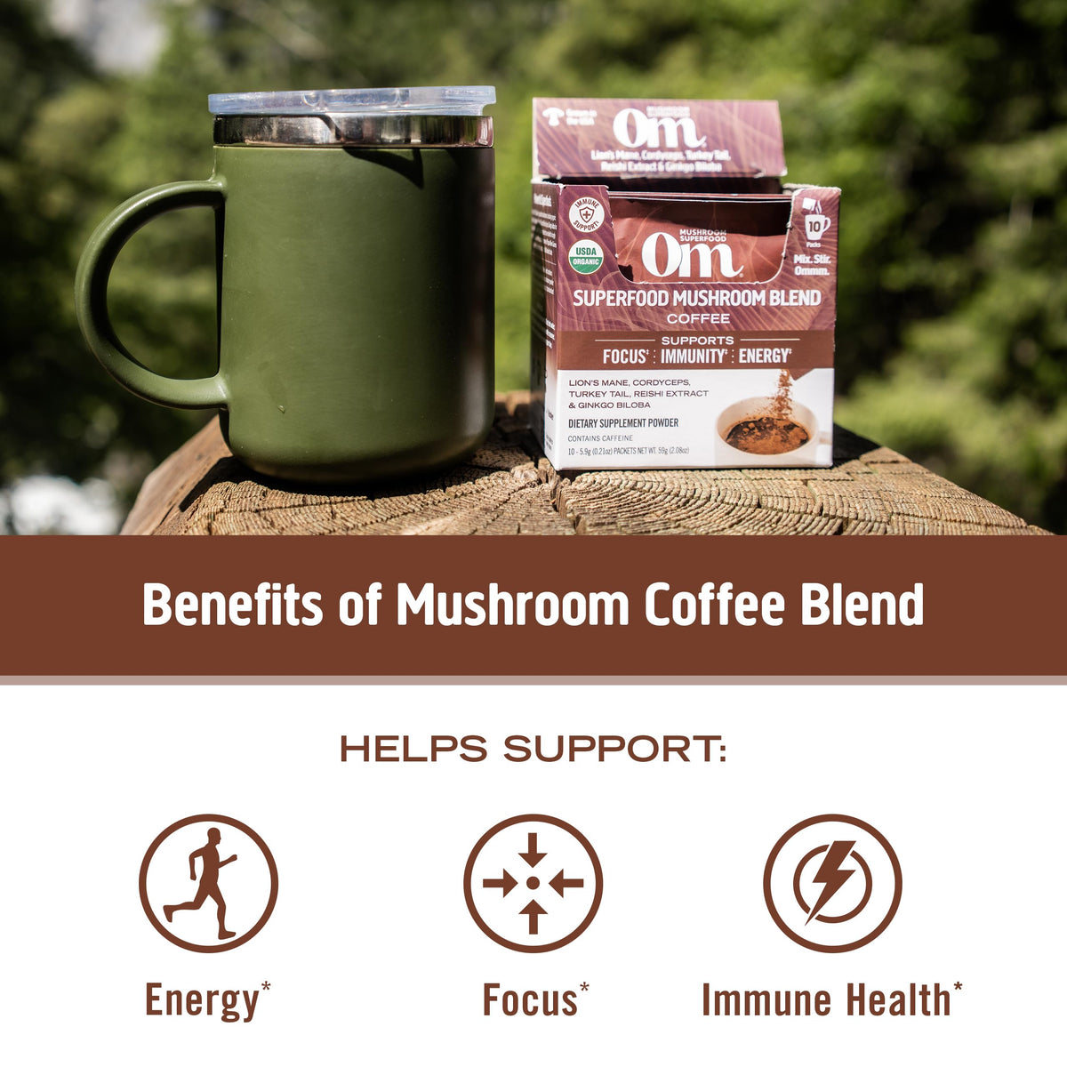 Café Noir Instantané OM MUSHROOM SUPERFOOD vue de côté de la boîte