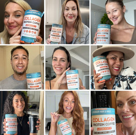Café protéiné au collagène Skinny Coffee SuperBoost, poudre versée dans un verre