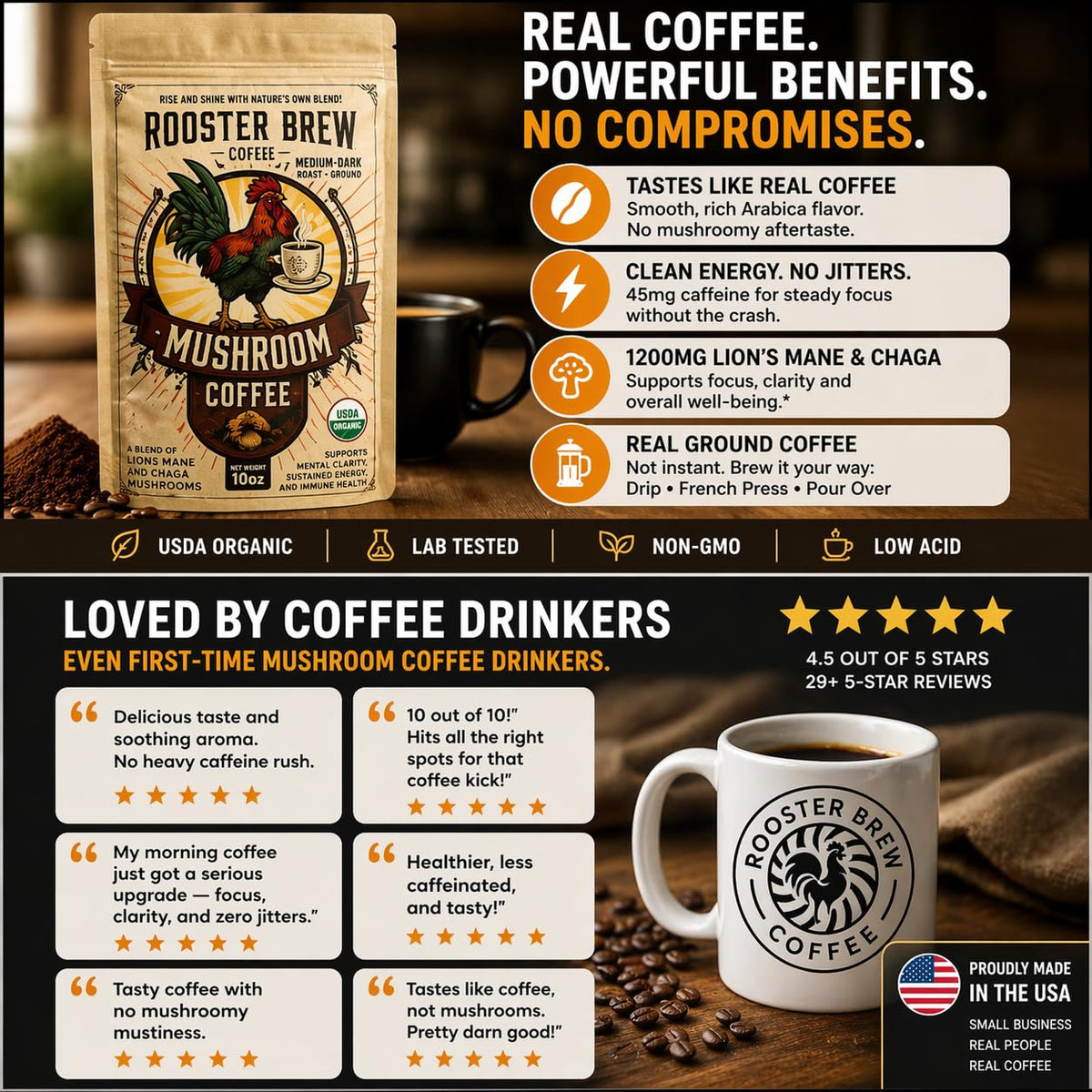 Café Rooster Brew versé dans une tasse en céramique