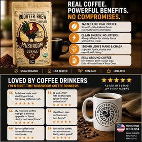 Café Rooster Brew versé dans une tasse en céramique