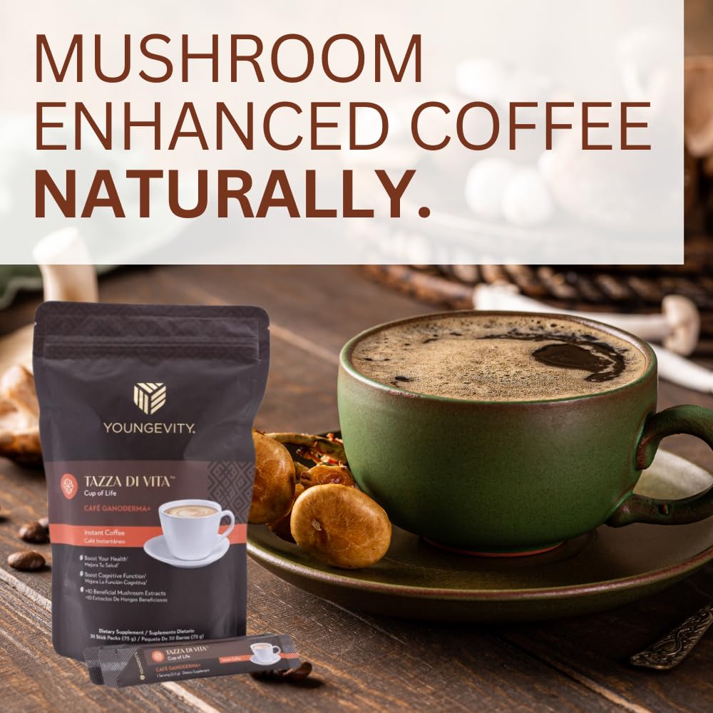 Café Youngevity avec des champignons bénéfiques en décoration