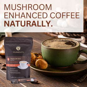 Café Youngevity avec des champignons bénéfiques en décoration
