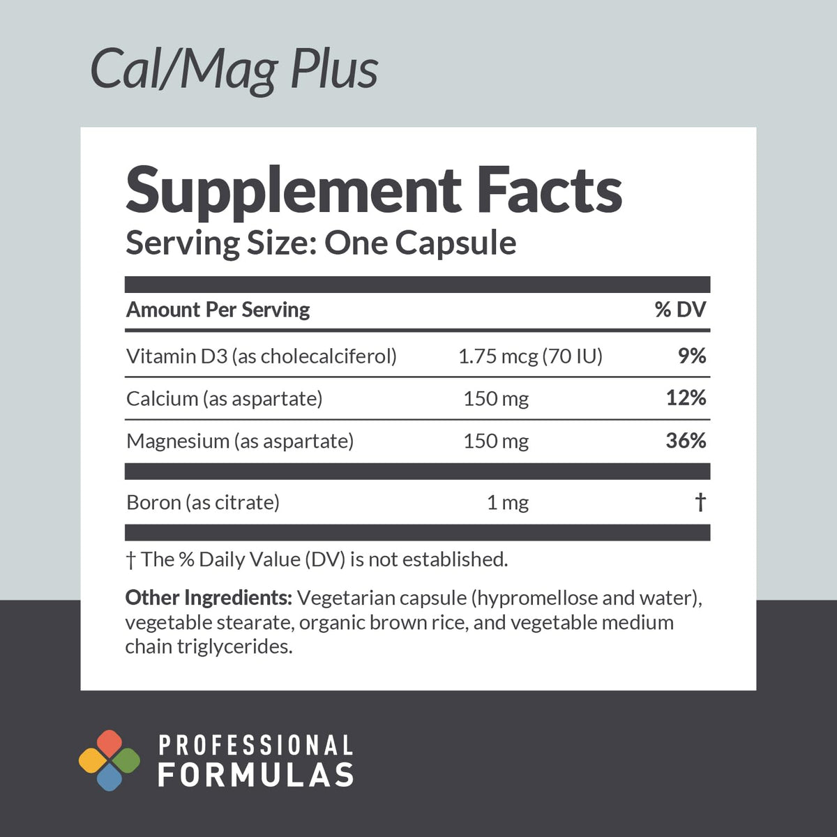 Cal/Mag Plus PROFESSIONAL COMPLEMENTARY HEALTH FORMULAS packaging side view