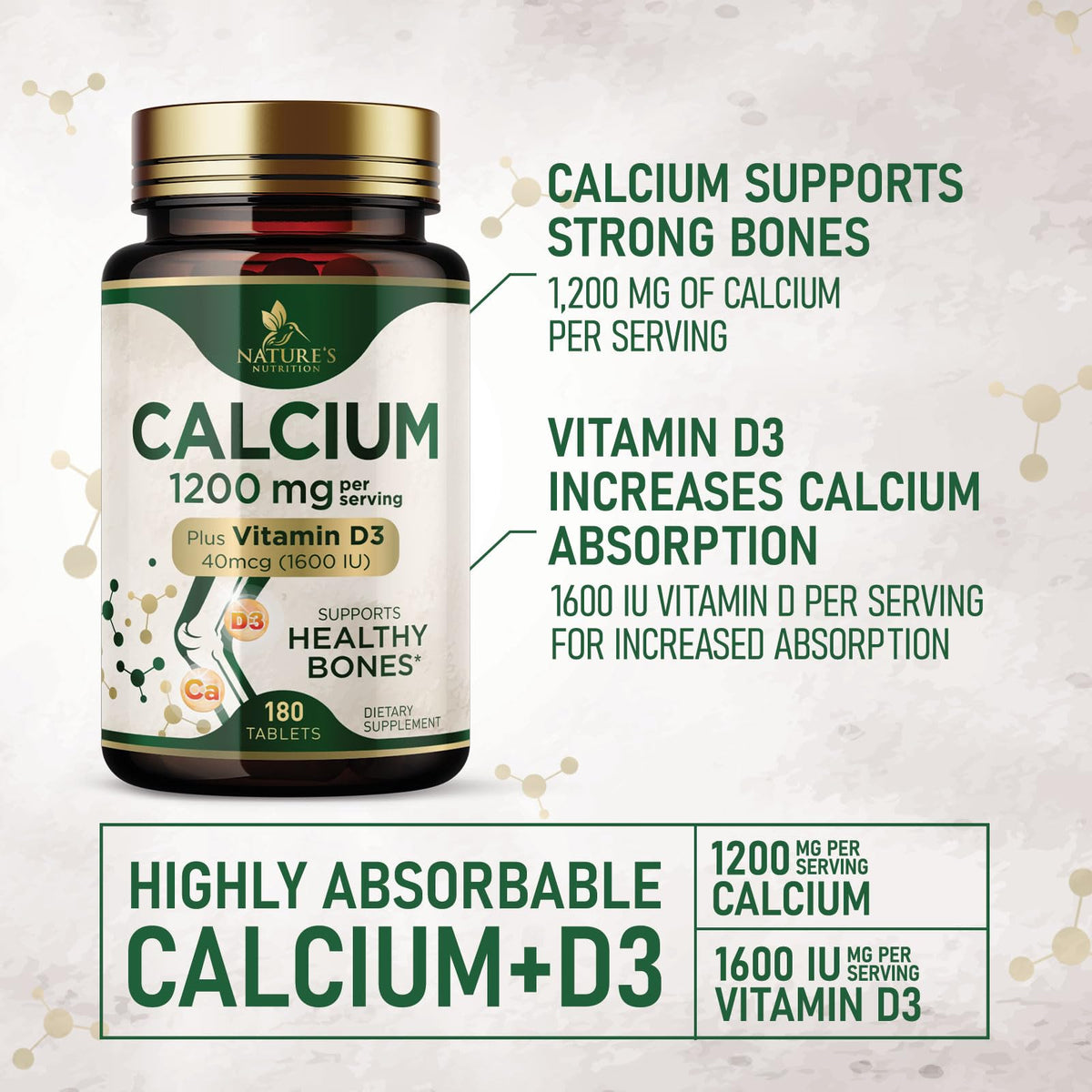 Calcium 1200 mg avec Vitamine D3 Nature's Nutrition - comprimés sur une surface blanche