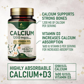 Calcium 1200 mg avec Vitamine D3 Nature's Nutrition - comprimés sur une surface blanche
