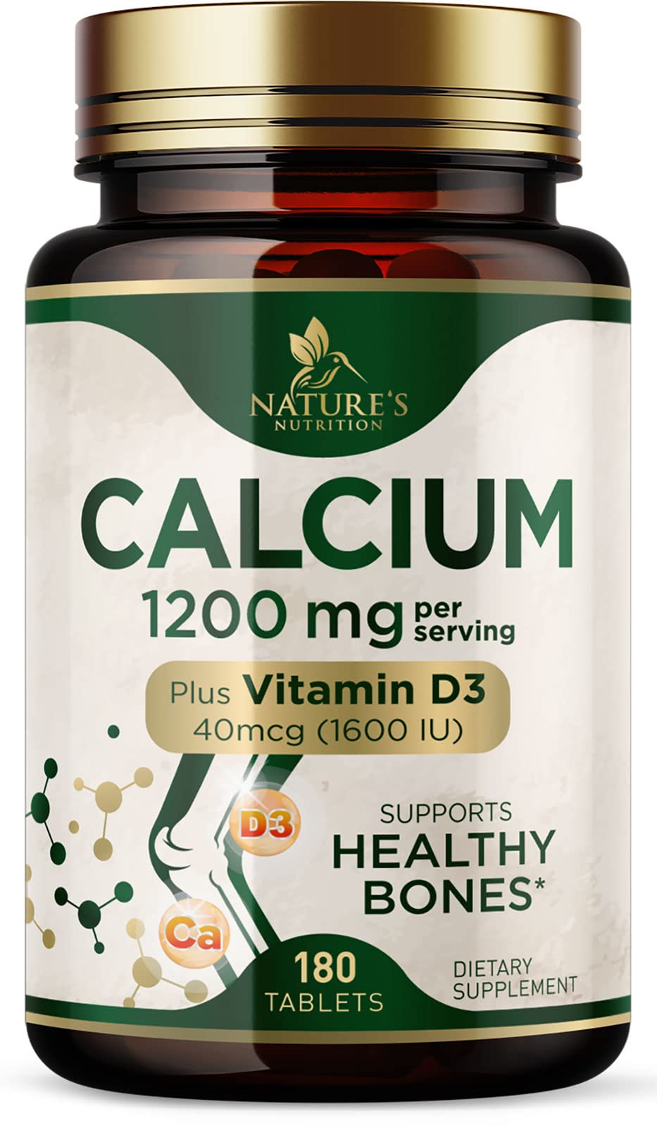 Calcium 1200 mg avec Vitamine D3 Nature's Nutrition - vue avant du flacon