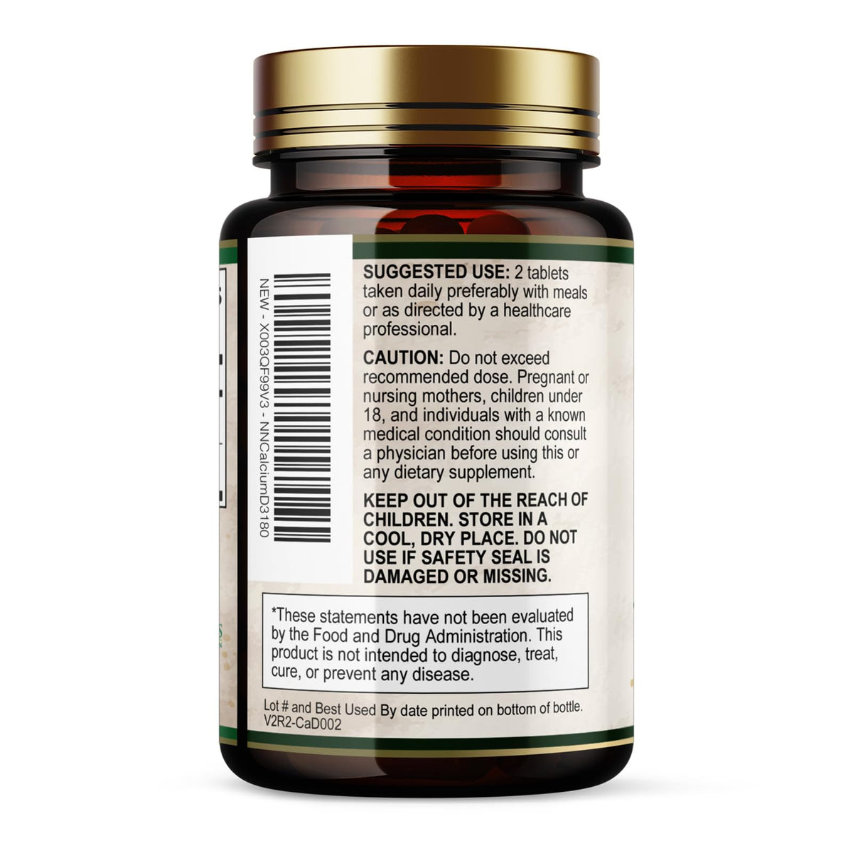 Calcium 1200 mg avec Vitamine D3 Nature's Nutrition - vue de l'arrière du flacon