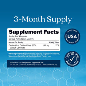 Calcium Citrate 1000mg Purely Holistic, côté du flacon