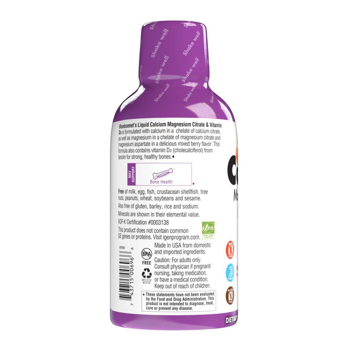 Calcium Citrate liquide BlueBonnet avec fruits frais en arrière-plan