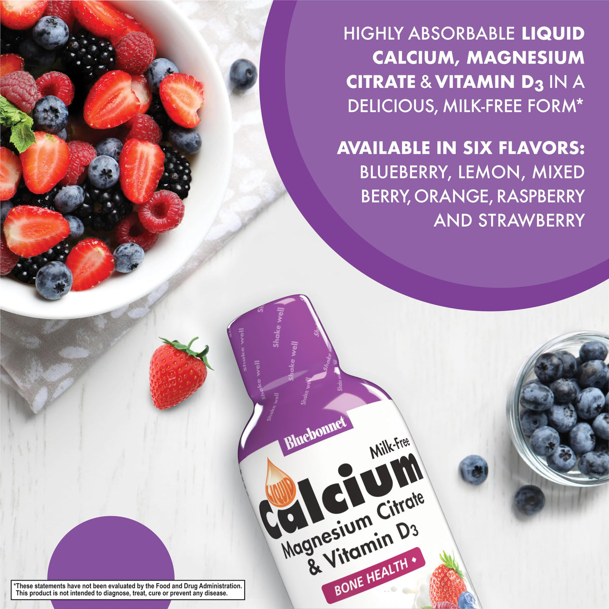 Calcium Citrate liquide BlueBonnet versé dans un verre