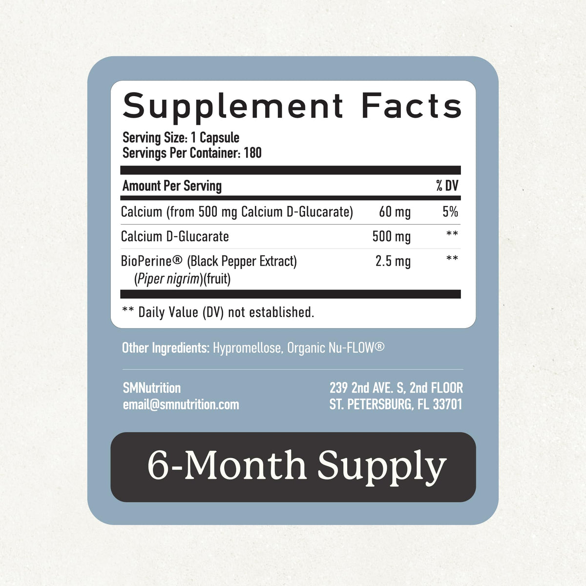 Calcium D-Glucarate 500mg SMNutrition sur une table en bois