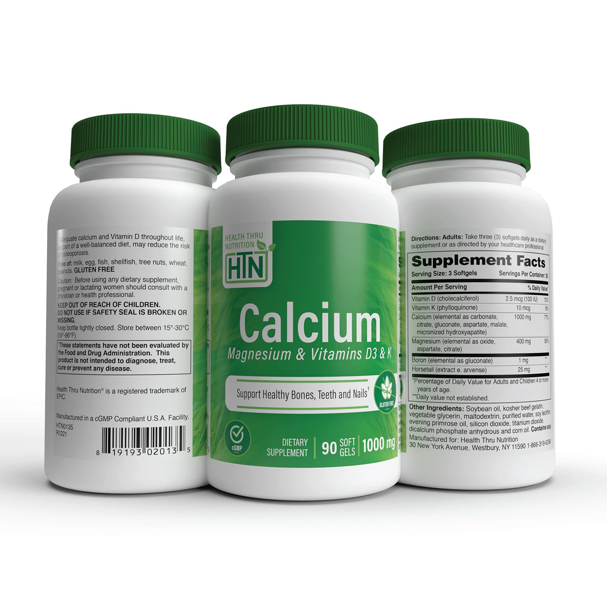 Calcium et Magnésium D3 & K 90 gélules molles avec des ingrédients sur fond blanc