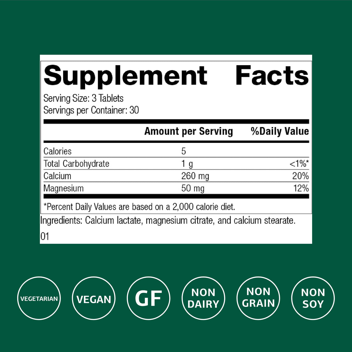 Calcium Lactate Standard Process 90 comprimés côté arrière de l'emballage